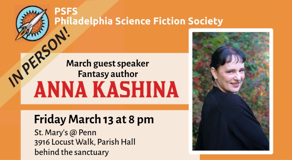 Anna Kashina March guest 3/8 8 pm St. Marys at Penn Parish building behind the sanctuary, with photo of the author smiling, wearing black, against a green bush with red flowers